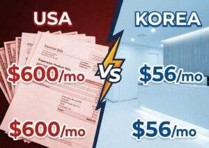 Split screen infographic comparing high US medical bills vs affordable modern Korean clinic reception costs.