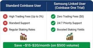 Comparison chart showing high trading fees on Standard Coinbase versus Zero Fees with Samsung Wallet linked Coinbase One trial.