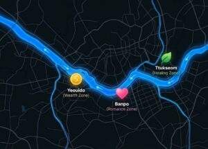 Dark mode infographic map highlighting the Han River's Feng Shui energy zones in Seoul. Icons mark Yeouido for Wealth, Banpo for Romance, and Ttukseom for Healing.