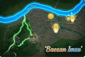 Illustrated Feng Shui map of Seoul Gangnam showing the Han River wrapping around the district and a green energy line flowing from Maebongsan mountain to Bongeunsa, illustrating Baesan Imsu.