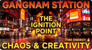 An isometric 3D map graphic showing a glowing yellow line labeled "Teheran-ro" connecting three points: "Gangnam Station" with a flame icon, "Yeoksam" with a sprouting tree icon, and "Samsung Station" with a stack of gold coins icon, set against a dark grey cityscape.