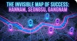 Isometric 3D infographic map of Seoul highlighting Hannam, Seongsu, and Gangnam districts with Feng Shui labels and glowing Han River flow.