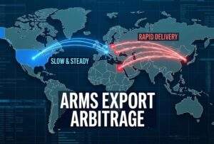 A digital geopolitical map visualizing global arms exports. Blue lines connect the US to Europe labeled "SLOW & STEADY". Red lines connect South Korea to Poland, Romania, and Egypt labeled "RAPID DELIVERY". The main text overlay reads "ARMS EXPORT ARBITRAGE".