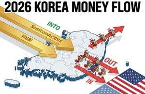 An infographic titled '2026 KOREA MONEY FLOW'. Golden arrows labeled 'Semiconductors' and 'WGBI' flow INTO a map of South Korea. Red ants carrying money labeled 'OUT' flow from the map towards a US flag.