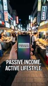 First-person view of a smartphone in a Korean night market showing a dividend received notification and text "Passive Income. Active Lifestyle."