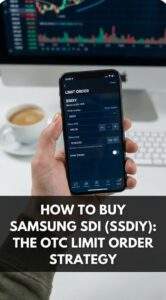 Vertical first-person view of a hand holding a smartphone, displaying a brokerage app screen where an OTC limit order is being placed for Samsung SDI ADR (SSDIY).