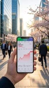 First-person POV shot of a hand holding a smartphone displaying the Naver Finance app with a red rising stock chart, set against the blurred background of modern skyscrapers in Yeouido, Seoul's financial district.