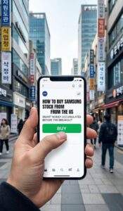 First-person view of buying EWY ETF on a mobile app in a Seoul street.