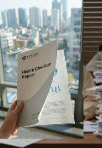 A hand holding a completed health checkup report folder against a blurred background of the Gangnam, Seoul city skyline.
