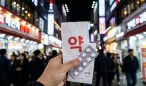 First-person view holding a Korean pharmacy bag labeled "약" (Yak) and a blister pack of pills, with a receipt showing a low price, against a blurred background of Myeongdong street lights at night.