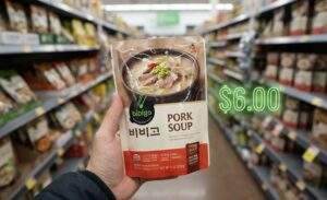 A first-person point-of-view shot of a hand holding a package of Bibigo Pork Soup (돼지국밥) in a grocery aisle, with a green neon text overlay showing "$6.00".