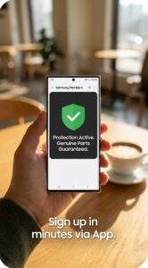 A first-person perspective of a person holding a Samsung phone in a cafe, showing a successful Samsung Care+ registration screen.