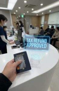 A first-person perspective shot of a hand holding a passport and a credit card at a clinic reception desk. A glowing text overlay above reads "TAX REFUND APPROVED"