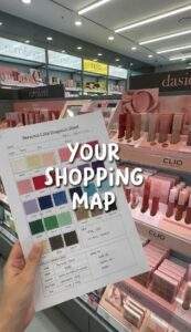 A first-person point-of-view shot holding a personal color diagnosis sheet with fabric swatches inside a brightly lit Olive Young store, facing shelves of Korean cosmetics. Text overlay reads "YOUR SHOPPING MAP".