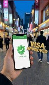 Hand holding smartphone showing active visa compliant insurance certificate app on a busy Seoul street at night.