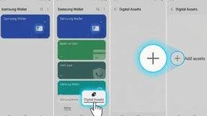 Samsung Wallet app interface screenshots highlighting the Digital Assets tab and the Add Asset button for setup.