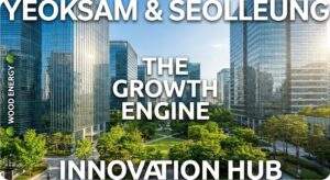 A first-person perspective photo from inside a modern high-rise office, showing a hand holding a plastic cup of iced coffee against a large window. Outside, a dense cityscape of Gangnam with tall buildings and busy roads is visible under bright daylight.