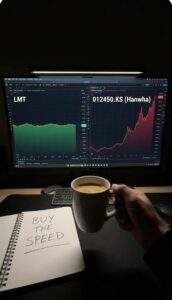 A first-person point-of-view shot from a trader's desk. A monitor displays a flat stock chart for "LMT" and a sharply rising chart for "012450.KS (Hanwha)". A hand holds a coffee mug, and a notebook on the desk has the handwritten note "BUY THE SPEED".
