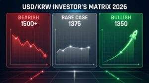 A financial dashboard with the title 'USD/KRW INVESTOR'S MATRIX 2026'. Three columns show 'BEARISH 1500+' with a downward graph, 'BASE CASE 1375' with a flat graph, and 'BULLISH 1350' with an upward rocket graph.