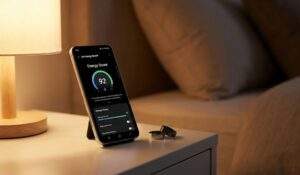 A lifestyle photograph of a Samsung Galaxy smartphone displaying the 'Energy Score' on a nightstand next to a Galaxy Ring, with a warm bedside lamp.