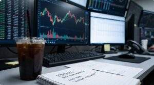 Top Korean Dividend Stocks & ADRs: Close-up of a trading desk with a notebook containing the strategy "BUY THE BANKS. END THE 'KOREA DISCOUNT'" next to an iced Americano.