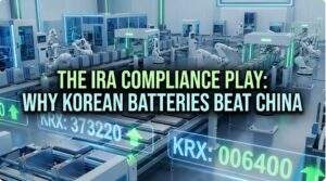 Korean EV Battery Stocks in the US: Wide-angle view of a high-tech automated battery manufacturing plant with holographic stock tickers showing KRX data and upward trends, and text overlay: "The IRA Compliance Play: Why Korean Batteries Beat China."
