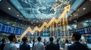 Cinematic shot inside the Korea Exchange (KRX) showing a glowing gold KOSPI index line chart physically shattering a glass ceiling above, symbolizing the market breaking through its historical valuation discount.