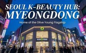 A wide-angle landscape photograph of the Myeongdong Olive Young flagship store at night. Large white text overlay reads "SEOUL K-BEAUTY HUB: MYEONGDONG" with smaller text "Home of the Olive Young Flagship" below it.