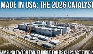 Wide-angle aerial view of the Samsung semiconductor plant construction in Taylor, Texas.