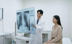 Korean doctor in a white coat explaining X-ray results to a female patient using a high-tech transparent digital display screen.