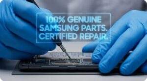 Samsung Care+ vs Carrier Insurance: A close-up macro shot of a certified technician using precision tools and genuine parts to repair a Samsung Galaxy smartphone.