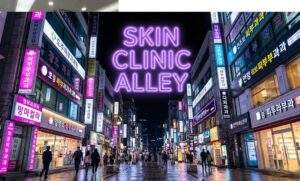 A wide-angle view of a busy street in Gangnam, Seoul at night, filled with illuminated signs for skin clinics. A large neon text overlay in the center reads "SKIN CLINIC ALLEY"