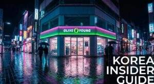 A rainy night street scene in Myeongdong, Seoul, featuring a glowing green and pink Olive Young store sign with "KOREA INSIDER GUIDE" text overlay in the corner.