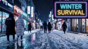 Snowy Seoul street scene at night featuring locals wearing long puffer coats with neon text overlay WINTER SURVIVAL.