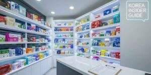 Interior of a modern, bright Korean pharmacy (Yakguk) with LED shelves and a 'Korea Insider Guide' neon sign.