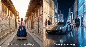 A split-screen comparison showing a quiet, traditional stone alley in Bukchon Hanok Village with a woman in hanbok on the left, and a bustling, modern luxury street in Cheongdam-dong with a sports car and fashion models on the right.