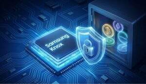 Illustration of a Samsung Knox security chip acting as a digital vault protecting Bitcoin and crypto assets.