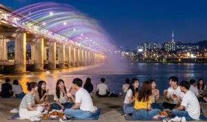 Night photograph of Banpo Hangang Park, showing the illuminated Rainbow Fountain show from the bridge. People are picnicking and enjoying Chimaek (chicken and beer) on the riverbank.