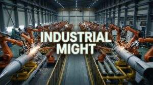 A wide-angle landscape photograph inside a massive Korean munitions factory. Numerous orange robotic arms are assembling rockets on production lines with sparks flying. A large glowing text overlay in the center reads "INDUSTRIAL MIGHT".