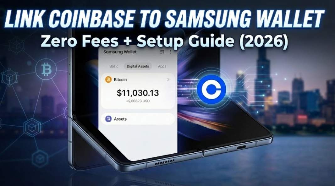 Samsung Galaxy Z Fold smartphone displaying Bitcoin balance via Samsung Wallet and Coinbase integration.