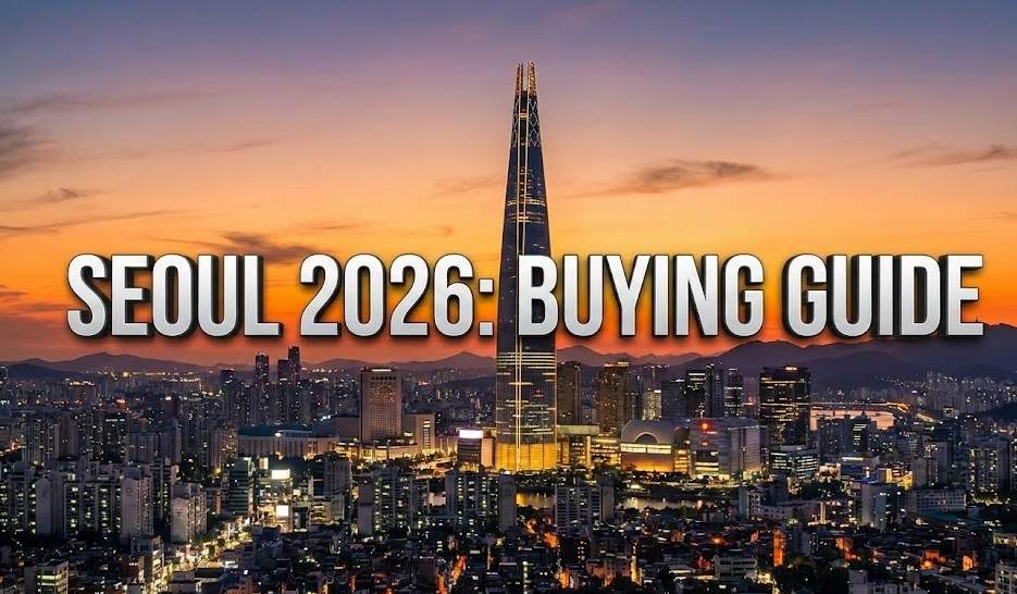 A panoramic view of the Seoul skyline at sunset, featuring the Lotte World Tower and the text "SEOUL 2026: BUYING GUIDE"