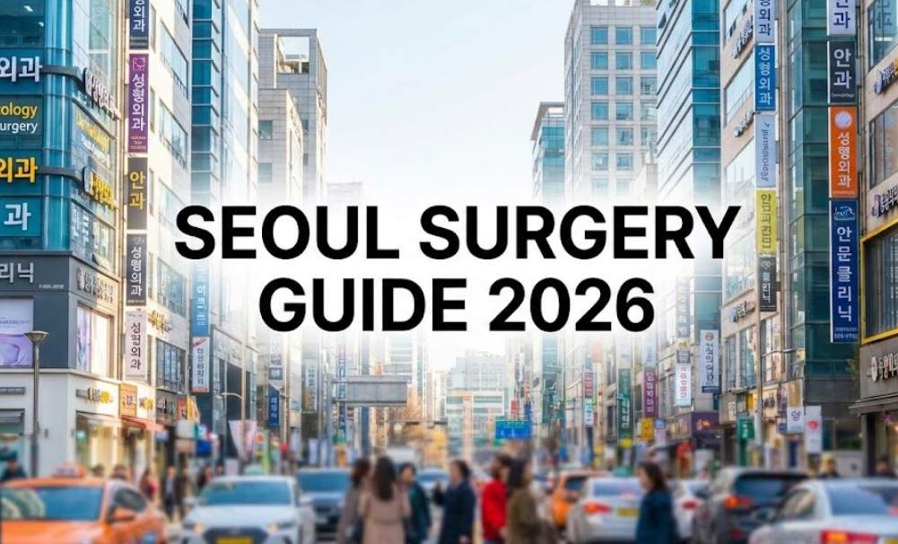 Bright daytime street view of Gangnam, Seoul, filled with signs for plastic surgery and dermatology clinics, with large text overlay reading "SEOUL SURGERY GUIDE 2026".