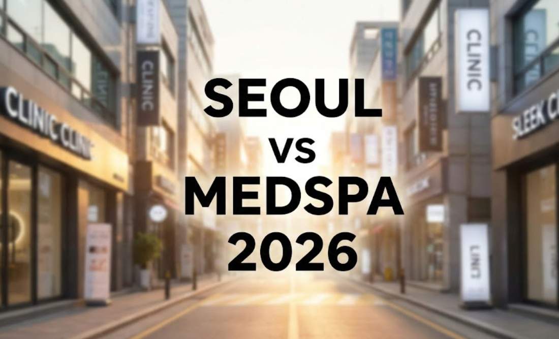 A street in Seoul's Gangnam district at golden hour with clinic signs. Text overlay reads "SEOUL vs USA MEDSPA 2026".