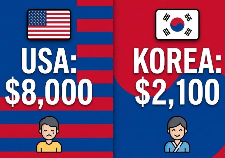 A split-screen infographic comparing a $8,000 vet bill in the USA with a sad person, to a $2,100 bill in Korea with a happy person, using flag themes.