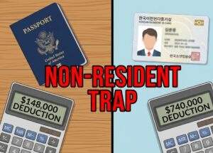 Infographic comparing inheritance tax deductions in Korea. Left side shows a US passport and a calculator with "$148,000 DEDUCTION". Right side shows a Korean Resident ID and a calculator with "$740,000 DEDUCTION". Text in the middle reads "NON-RESIDENT TRAP".