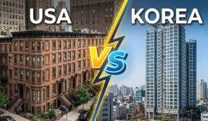 A split-screen image comparing a US brownstone building with a modern Korean high-rise apartment, separated by a lightning bolt with "VS"