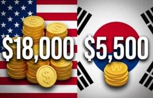 Split-screen infographic comparing plastic surgery costs: USA flag on the left with stacks of gold coins totaling $18,000, versus South Korean flag on the right with coins totaling $5,500.