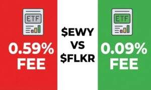 A split-screen infographic. The left side is red with "$EWY 0.59% FEE". The right side is green with "$FLKR 0.09% FEE". The text "$EWY VS $FLKR" is in the center.