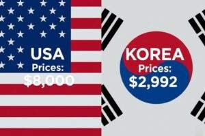 Split-screen comparison image. Left side: US flag with text "USA Prices: $8,000". Right side: South Korean flag with text "KOREA Prices: $2,992".