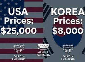 A split-screen infographic comparing All-on-4 dental implant prices, showing $25,000 under a USA flag and $8,000 under a South Korean flag.